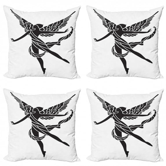 Vintage Throw Pillow Cushion Case Pack of 4, Simple Silhouette of Fairy Woman with Wings Mythological Art, Modern Accent Double-Sided Print, 4 Sizes, Charcoal Grey and White, by Ambesonne