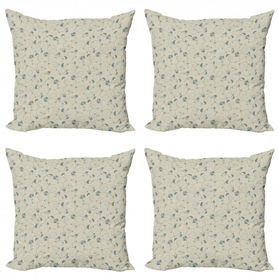 Vintage Throw Pillow Cushion Case Pack of 4, Simplistic Nature Art Curlicue Branches with Floral and Leafy Details, Modern Accent Double-Sided Print, 4 Sizes, Grey Yellow Cadet Blue, by Ambesonne