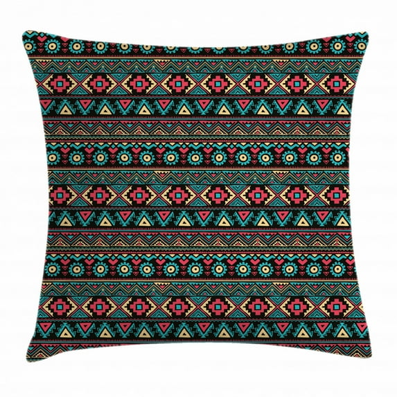 Vintage Throw Pillow Cushion Cover, Eastern Style Ethnic Doodles Native Tribe Art Figures Folk Oriental Art, Decorative Square Accent Pillow Case, 20 X 20 Inches, Dark Coral Aqua Yellow, by Ambesonne