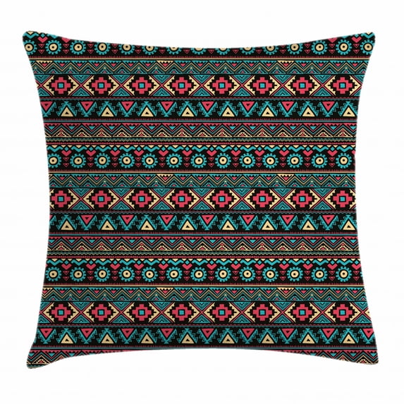 Vintage Throw Pillow Cushion Cover, Eastern Style Ethnic Doodles Native Tribe Art Figures Folk Oriental Art, Decorative Square Accent Pillow Case, 18 X 18 Inches, Dark Coral Aqua Yellow, by Ambesonne