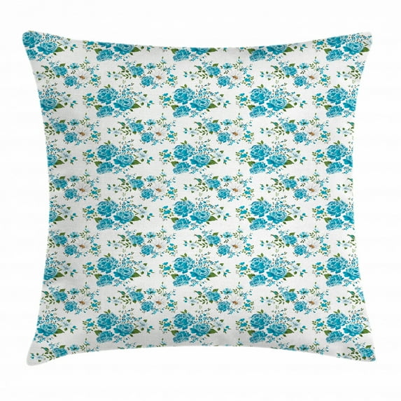 Vintage Throw Pillow Cushion Cover, Flower Pattern with Daisy and Roses Nostalgic Romantic Spring Composition, Decorative Square Accent Pillow Case, 24 X 24 Inches, Blue Green White, by Ambesonne