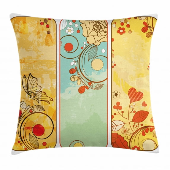 Vintage Throw Pillow Cushion Cover, Frames with Floral Details Butterfly and Heart Shapes Leaf Retro Romantic Artwork, Decorative Square Accent Pillow Case, 16 X 16 Inches, Multicolor, by Ambesonne