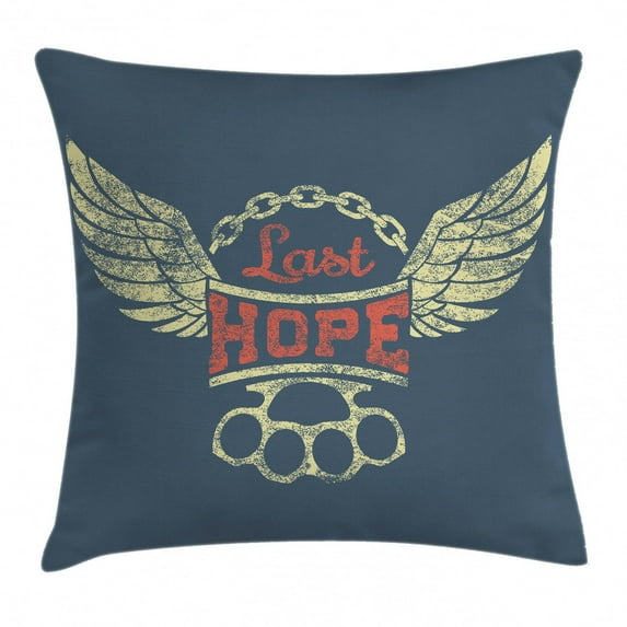 Vintage Throw Pillow Cushion Cover, Grunge Label Wings Chain Brass Knuckles Last Hope Quote for Bikers, Decorative Square Accent Pillow Case, 20 X 20 Inches, Slate Blue Red Light Yellow, by Ambesonne