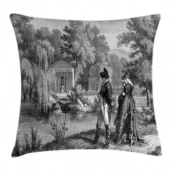 Vintage Throw Pillow Cushion Cover, Historical French Revolution Sketch with Napoleon and Woman in Garden Artwork, Decorative Square Accent Pillow Case, 18 X 18 Inches, Dark Grey Black, by Ambesonne