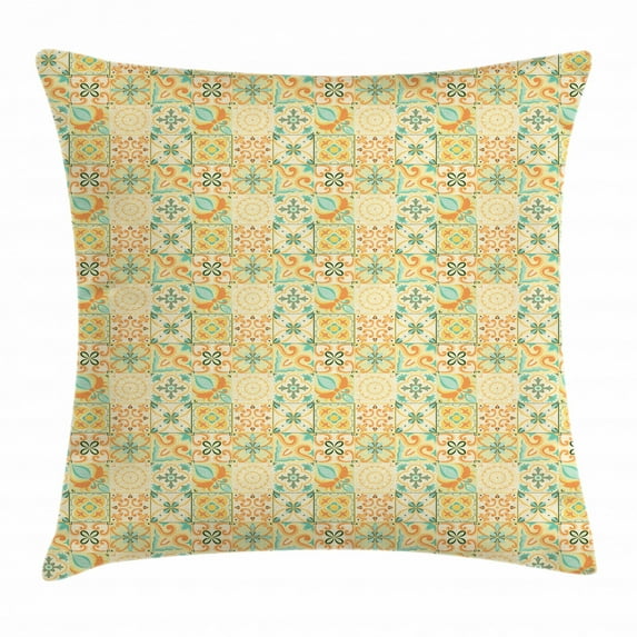 Vintage Throw Pillow Cushion Cover, Italian Style Checkered Pattern with Floral Motifs Traditional Antique Art Design, Decorative Square Accent Pillow Case, 16 X 16 Inches, Multicolor, by Ambesonne