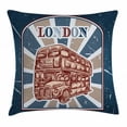 thumbnail image 1 of Vintage Throw Pillow Cushion Cover, Label with English Bus on Grunge Background Retro Hand Drawn Sketchy Artwork, Decorative Square Accent Pillow Case, 18 X 18 Inches, Blue Red Beige, by Ambesonne, 1 of 2