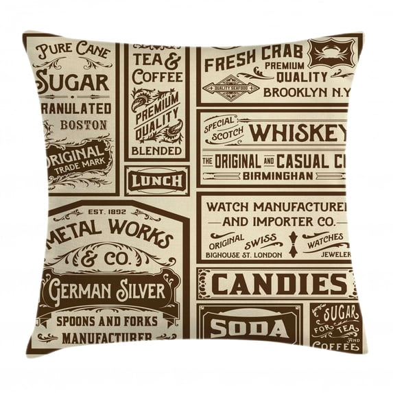 Vintage Throw Pillow Cushion Cover, Mega Pack Old Advertisement Designs Labels Retro Style Calligraphy Illustration, Decorative Square Accent Pillow Case, 20 X 20 Inches, Brown Cream, by Ambesonne