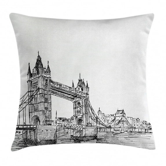 Vintage Throw Pillow Cushion Cover, Old Fashion London Tower Bridge Sketch Architecture British UK Scenery Art Print, Decorative Square Accent Pillow Case, 16 X 16 Inches, Grey White, by Ambesonne