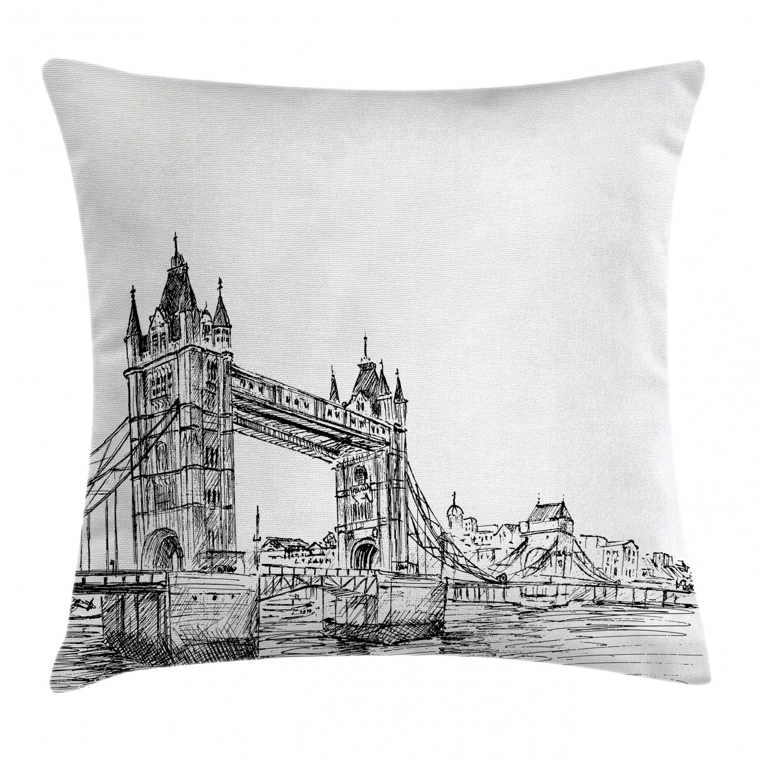 Gray and White London Bridge Sketch Square Throw Pillow