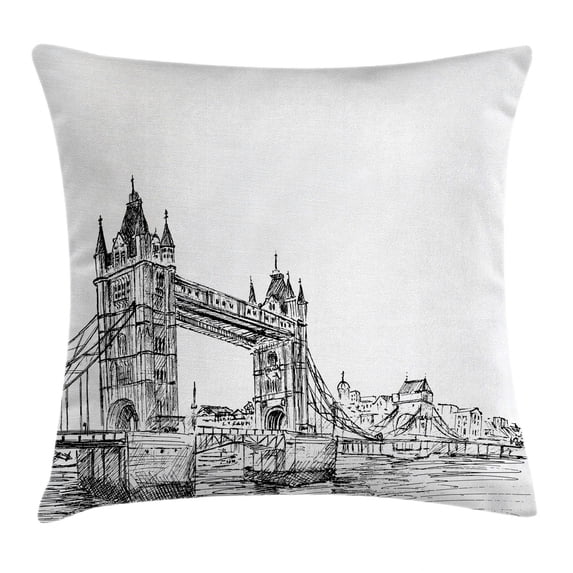 Vintage Throw Pillow Cushion Cover, Old Fashion London Tower Bridge Sketch Architecture British UK Scenery Art Print, Decorative Square Accent Pillow Case, 20 X 20 Inches, Grey White, by Ambesonne