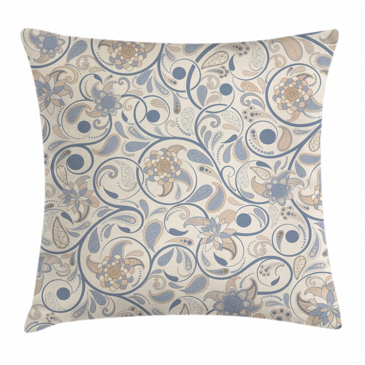 Beige and Slate Blue Floral Scroll Throw Pillow Cover, 18" x 18"
