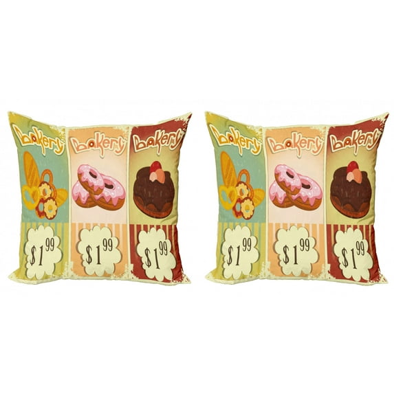 Ambesonne Vintage Throw Pillow Cover 2 Pack, Bakery Shop Pastries, 18", Multicolor