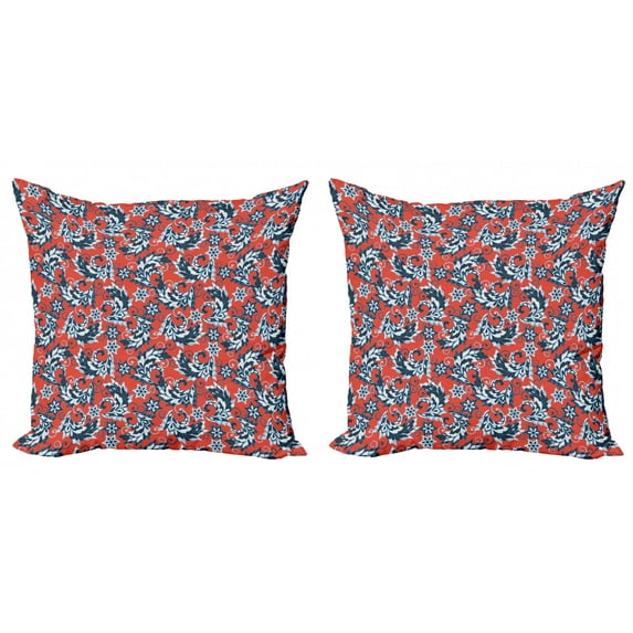 Vintage Throw Pillow Cushion Cover Pack of 2, Floral Pattern with Ornate Foliage and Blossoms Design, Zippered Double-Side Digital Print, 4 Sizes, Night Blue Vermilion, by Ambesonne