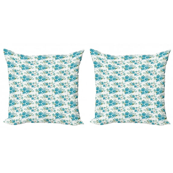Ambesonne Vintage Throw Pillow Cover 2 Pack, Daisy and Roses Flower, 16", Blue Green and White