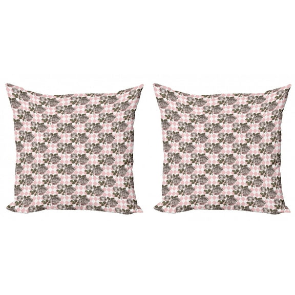 Ambesonne Vintage Throw Pillow Cover 2 Pack, Grunge Engraved Peonies, 18", Pale Pink and White