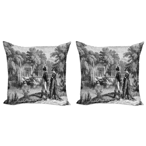 Ambesonne Vintage Throw Pillow Cover 2 Pack, Napoleon Woman Garden, 18", Dark Grey Black