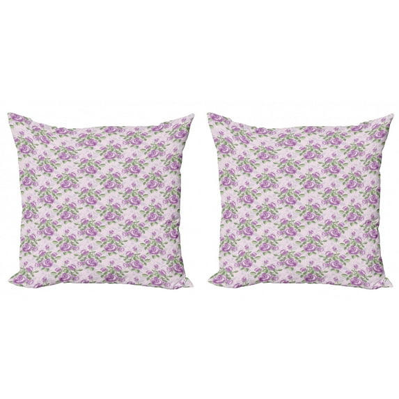 Vintage Throw Pillow Cushion Cover Pack of 2, Shabby Rose Blossoms with Green Leaves on Retro Polka Dots, Zippered Double-Side Digital Print, 4 Sizes, Reseda Green Pale Pink, by Ambesonne