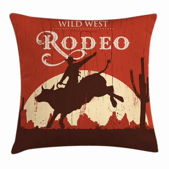 Vintage Throw Pillow Cushion Cover, Rodeo Cowboy Riding Bull Wooden Old Sign Western Wilderness at Sunset, Decorative Square Accent Pillow Case, 16 X 16 Inches, Vermilion Redwood Cream, by Ambesonne