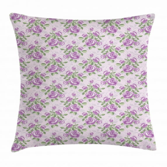 Vintage Throw Pillow Cushion Cover, Shabby Rose Blossoms with Green Leaves on Retro Polka Dots, Decorative Square Accent Pillow Case, 18 X 18 Inches, Lilac Pale Pink and Reseda Green, by Ambesonne