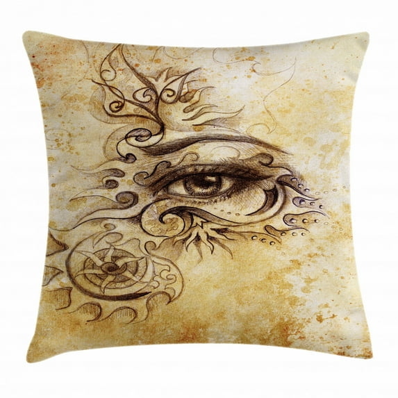 Vintage Throw Pillow Cushion Cover, Traditional Hand Drawing Woman Eye with Stars and Curlicues Grunge Design, Decorative Square Accent Pillow Case, 24" X 24", Brown and Pale Brown, by Ambesonne