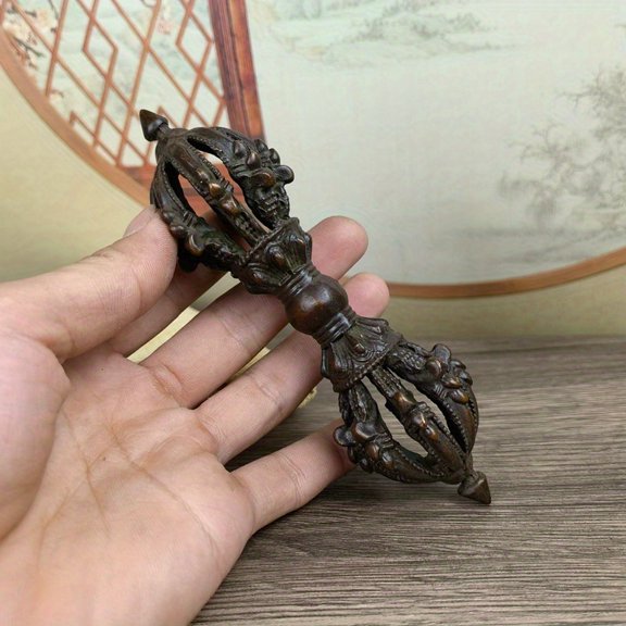 Vintage Tibetan Buddhist NineSpoke Vajra Dorje Sculpture, Antique Brass Ritual Scepter with Intricate Carving for Altar Meditation FengShui Home Decor & Spiritual Gift