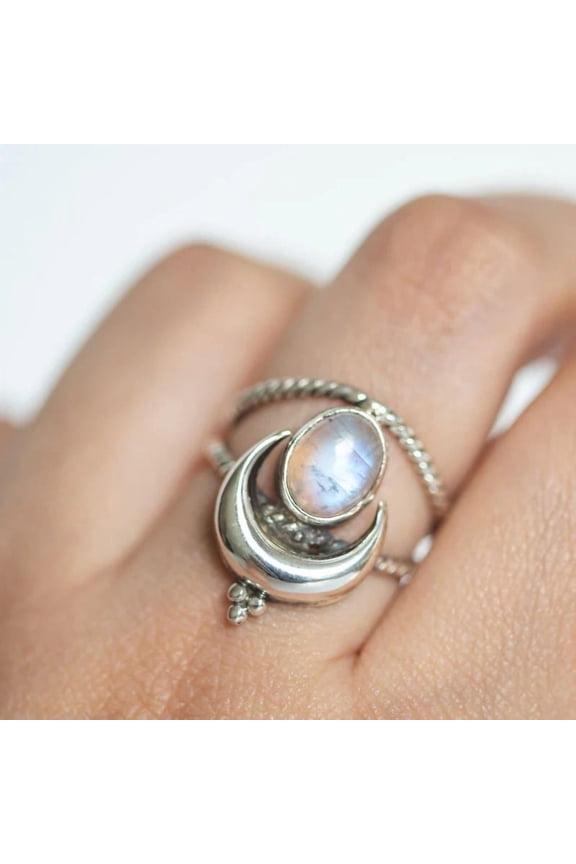 Vintage Tibetan Moonlight Color Glue Stone Large Healing Crystal Ring Ladies Boho Antique Indian Glue Stone Ring