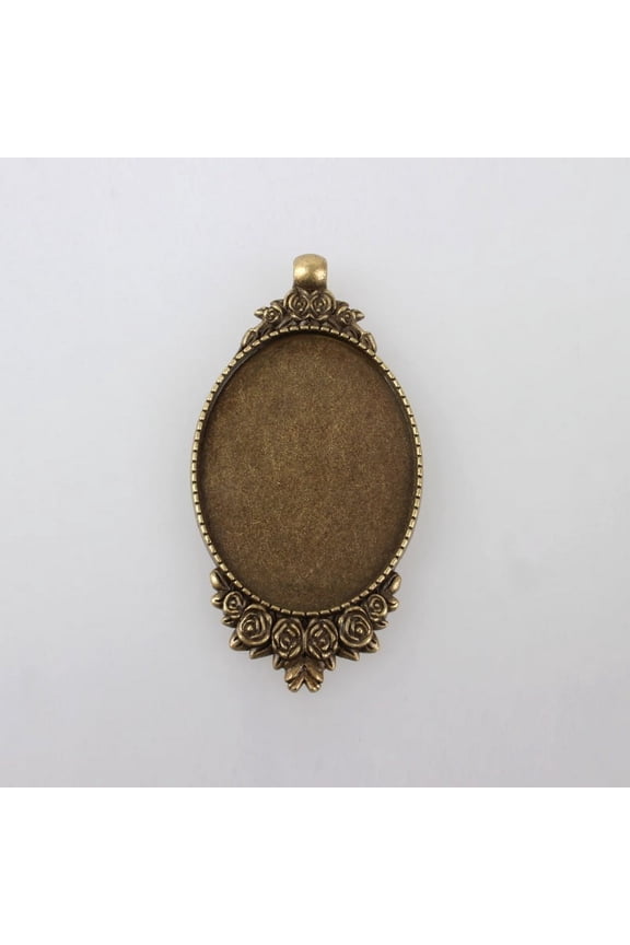 Vintage Tibetan Style Alloy Carved Rose Big Pendant Cabochon Settings Plain Edge Bezel Cups Cadmium Free & Nickel Free & Lead Free Antique Bronze Oval Tray: 40x30mm 63x32x2.5mm Hole: 4mm