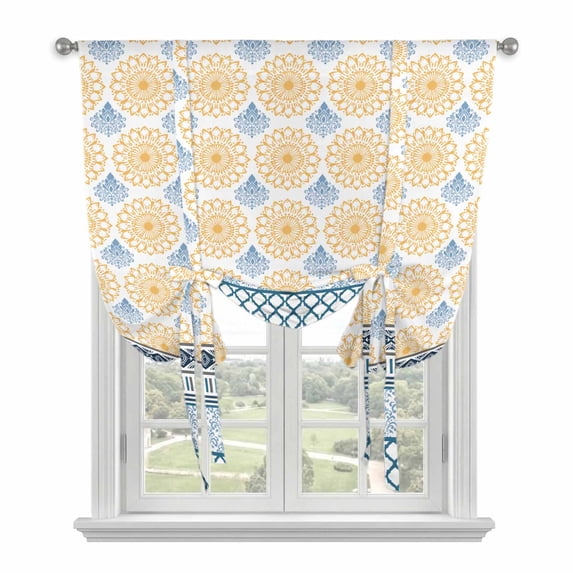 Vintage Tie Up Curtain 63 Inches Long, Medieval Bohemian Yellow Geometric Stripes Balloon Style Kitchen Window Curtain Over Sink, Small Window Rod Pocket Curtain 46"x63"