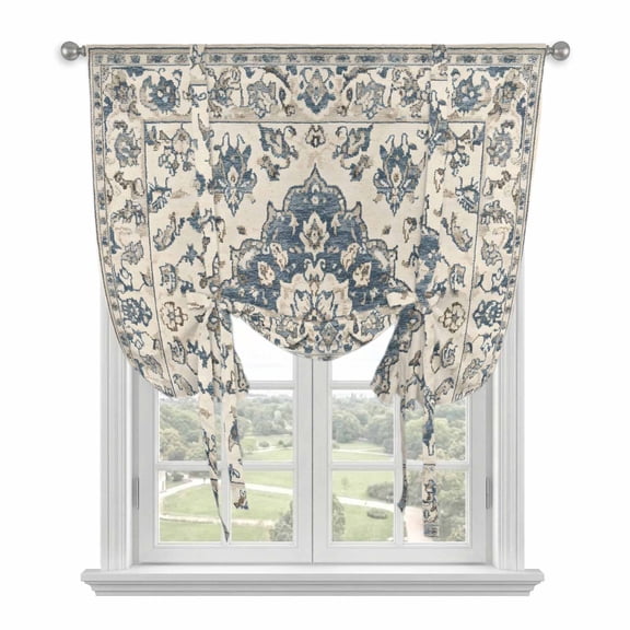 Vintage Tie Up Curtains, Bohemian Distressed Floral Print Farmhouse Navy Beige Adjustable Rod Pocket Balloon Curtains Light Blocking Window Treatment for Kitchen Living Room Bedroom, 42 × 63 In