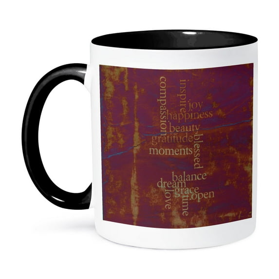 3dRose, Vintage Tie Dye Purple Happiness and Gratitude Inspirational Words Motivational, 15oz Two-Tone Black Mug