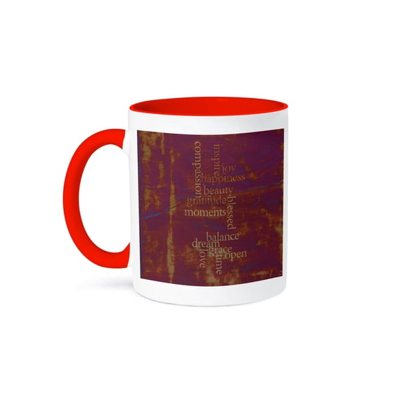 3dRose, Vintage Tie Dye Purple Happiness and Gratitude Inspirational Words Motivational, 15oz Two-Tone Red Mug