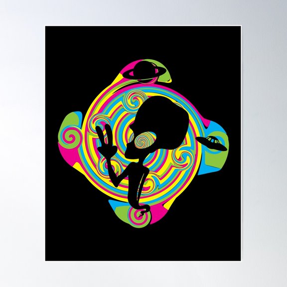 Vintage Tie Dye Style Alien Peace Sign 70S Print Poster Wall Art, Modern Wall Decor For Living Room Bedroom, 16x24 UNFRAMED