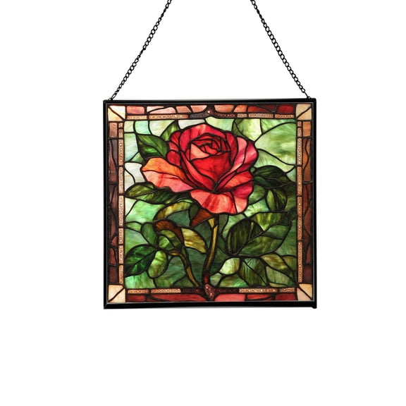 Vintage Tiffany Style Stained Glass Suncatcher – Red Rose Square Hanging Window Panel for Window, Wall, Living Room, Bedroom, Office Decor 48CA21