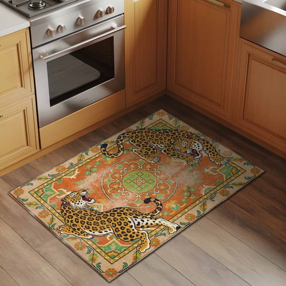 Vintage Tiger 2x3 Rug for Entryway Front Door Kitchen Sink Area, Wild Animal Traditional Ethnic Orange Flower Low Pile Washable Non Slip Rectangle Area Rug