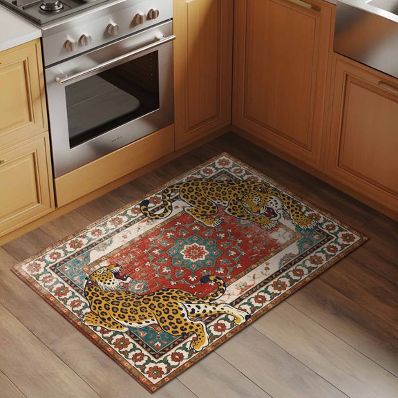 Vintage Tiger 2x3 Rug for Entryway Front Door Kitchen Sink Area, Wild Animal Traditional Ethnic Orange Red Flower Low Pile Washable Non Slip Rectangle Area Rug