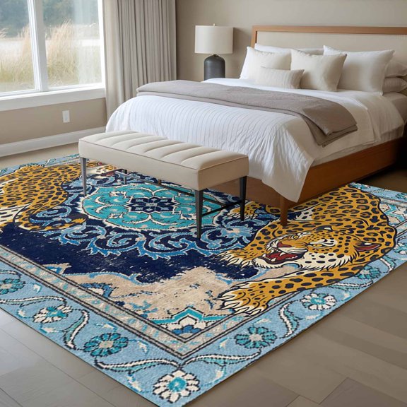 Vintage Tiger 6x9 Rug for Dining Room Table and Chair Setup, Wild Animal Traditional Ethnic Blue Flower Texture Low Pile Washable Non Slip Rectangle Area Rug
