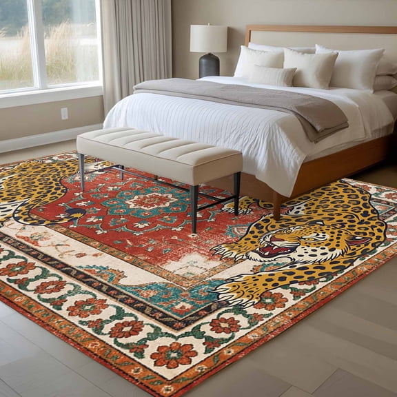 Vintage Tiger 6x9 Rug for Dining Room Table and Chair Setup, Wild Animal Traditional Ethnic Orange Red Flower Low Pile Washable Non Slip Rectangle Area Rug