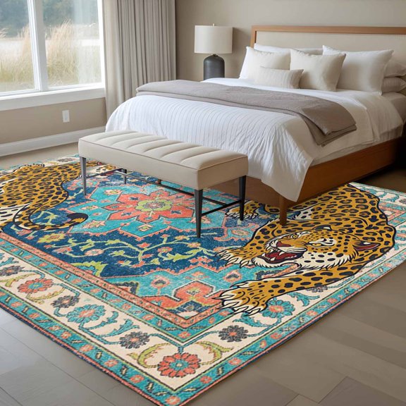 Vintage Tiger 6x9 Rug for Dining Room Table and Chair Setup, Wild Animal Traditional Ethnic Teal Blue Flower Low Pile Washable Non Slip Rectangle Area Rug