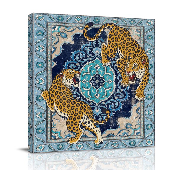 Vintage Tiger Canvas Wall Art for Living Room, Wild Animal Traditional Ethnic Blue Flower Texture Poster Print Painting for Bedroom Office Home Decoration Wall Pictures Prepare To Hang 8"x8"
