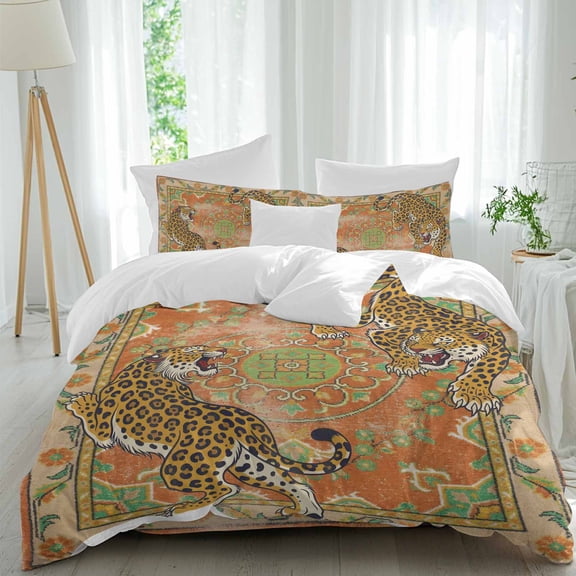 Vintage Tiger Comforter Set California King Size, Wild Animal Traditional Ethnic Orange Flower Soft Bedding Set for Man Woman, 4 Pieces Duvet Cover Set with Fitted Sheet, 2 Pillowcases