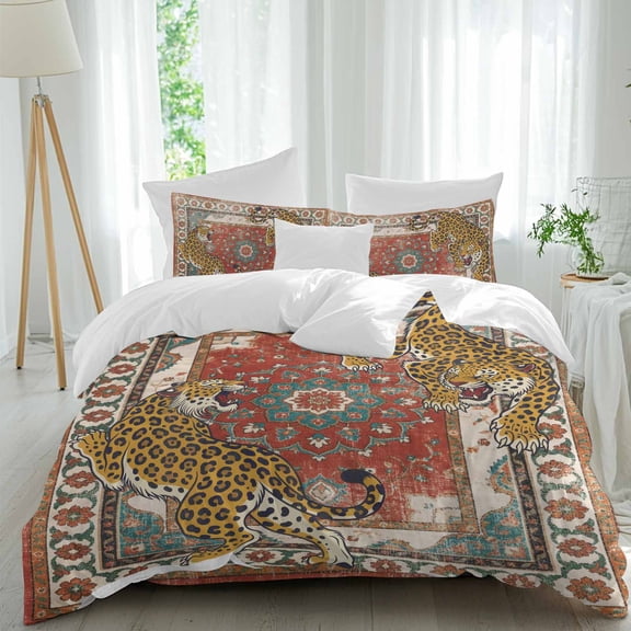 Vintage Tiger Comforter Set Queen Size, Wild Animal Traditional Ethnic Orange Red Flower Soft Bedding Set for Man Woman, 4 Pieces Duvet Cover Set with Fitted Sheet, 2 Pillowcases