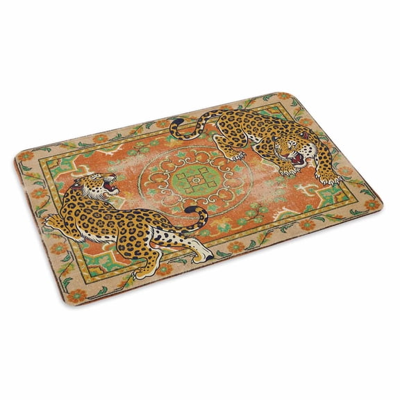 Vintage Tiger Doormat Wild Animal Traditional Ethnic Orange Flower Non Slip Low Profile Rubber Door Mat Washable Absorbent Indoor Front Door Mat Entryway Rug Entrance Carpet 24x36 Inch