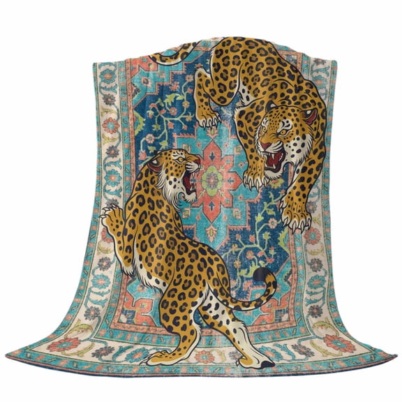 Vintage Tiger Fleece Throw Blanket Wild Animal Traditional Ethnic Teal Blue Flower Ultra Soft Fuzzy Cozy Flannel Throw Blanket for Couch Sofa Bed Car Travel, Ideal Gifts 40x50 Inches