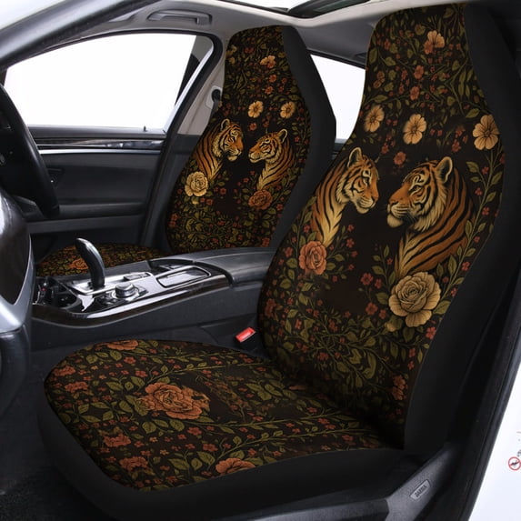 Vintage Tiger Floral Car Seat Covers – Elegant Wild Animal Rose Pattern Auto Interior Decor, Dark Botanical Tiger Couple Front Seat Protector Set