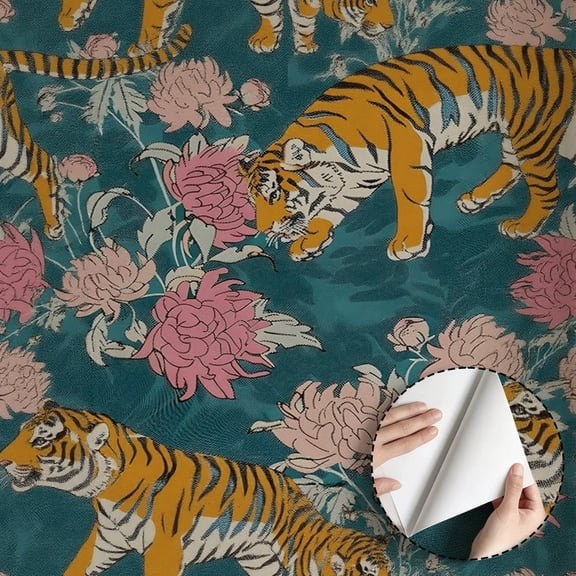 Vintage Tiger and Floral Wallpaper, Boho Style Peel and Stick Wallpaper, Waterproof Wall Decoration for Living Room, Bedroom, Kitchen Cabinet, Rental Property, 17.7 * 118 in Contact Paper Decor