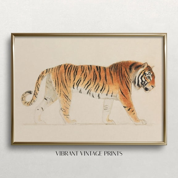 Vintage Tiger Print: Neutral Tone Pacing Tiger Art UNFRAMED PAPER POSTER, Home Decor
