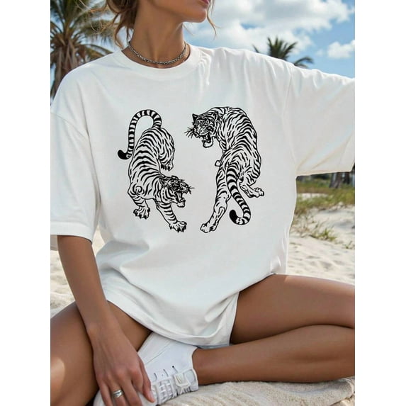 Vintage Tiger Print T-Shirt,Women's Loose Fit Crew Neck Short Sleeve Casual Tiger Design Shirt Graphic Tees Women Tops
