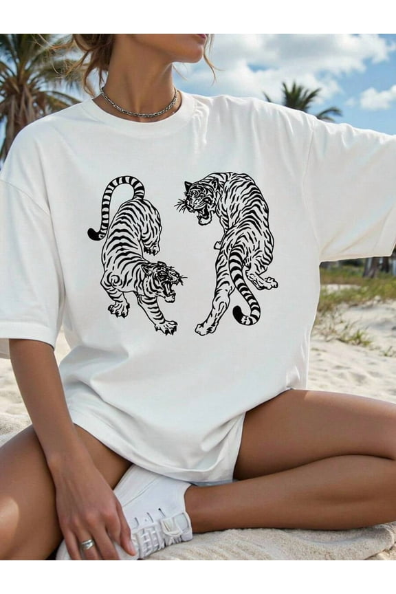 Vintage Tiger Print T-Shirt,Women's Loose Fit Crew Neck Short Sleeve Casual Tiger Design Shirt Graphic Tees Women Tops