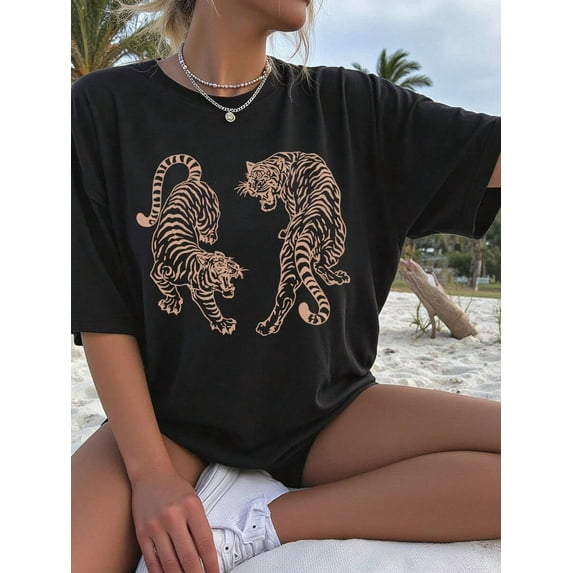 Vintage Tiger Print T-Shirt,Women's Loose Fit Crew Neck Short Sleeve Casual Tiger Design Shirt Graphic Tees Women Tops