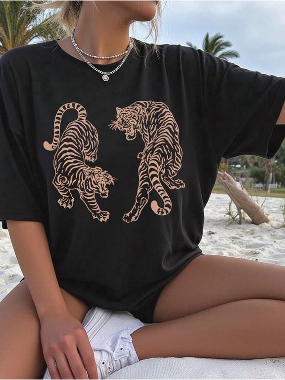 Vintage Tiger Print T-Shirt,Women's Loose Fit Crew Neck Short Sleeve Casual Tiger Design Shirt Graphic Tees Women Tops